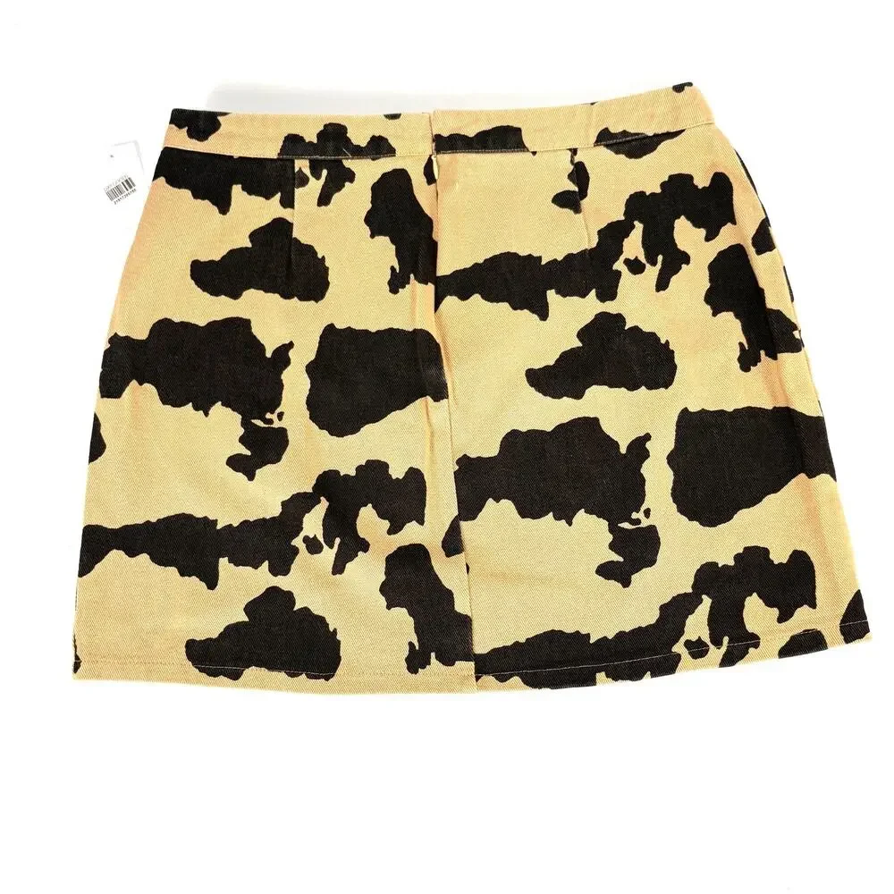 NWT Womens Beige Cow Print Denim Mini Skirt Western Jean LARGE Cowgirl Y2K Boho